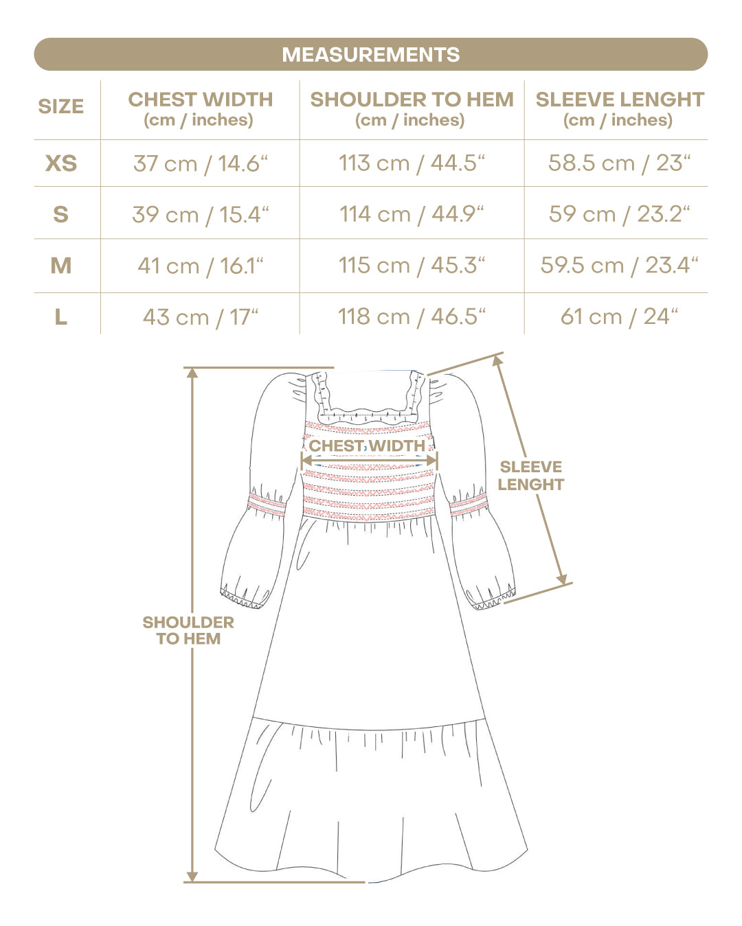 Size chart for Flora Women’s Dress