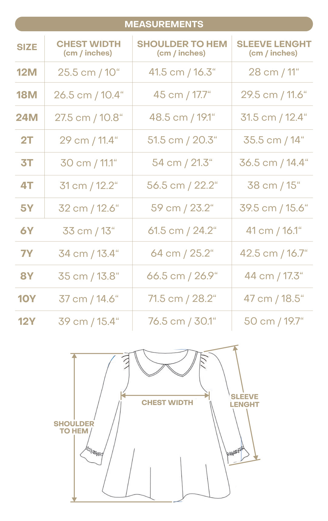 Size chart for Juliette Girl Dress - White Pomegranate