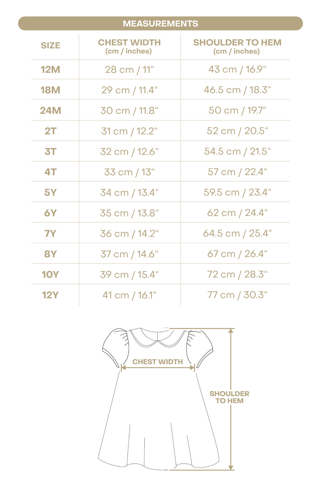 Size chart for Sarita Girl Dress - Classic Gingham Pumpkin