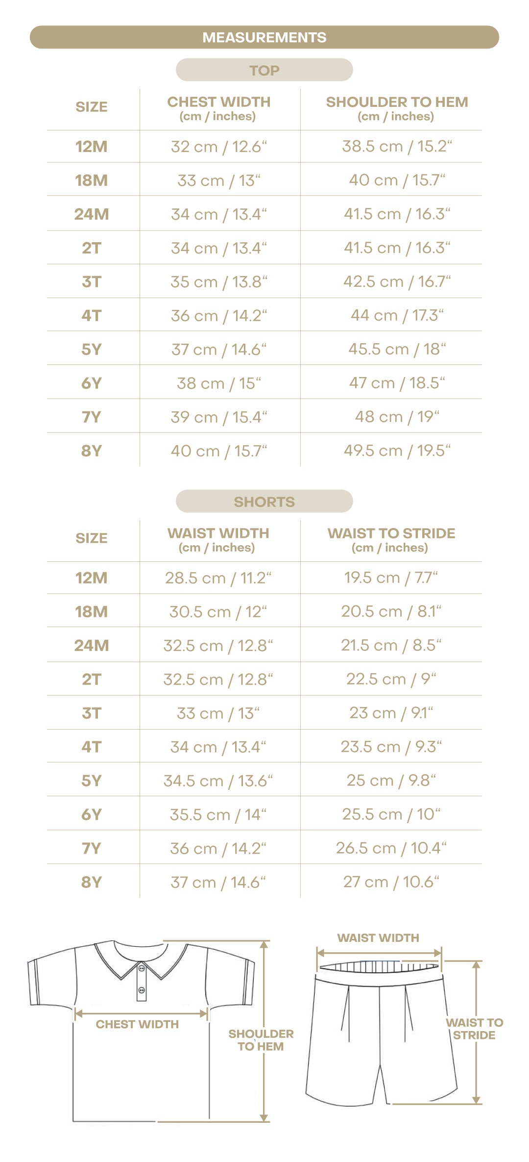 Size chart for William Boy Polo Set - Mustard