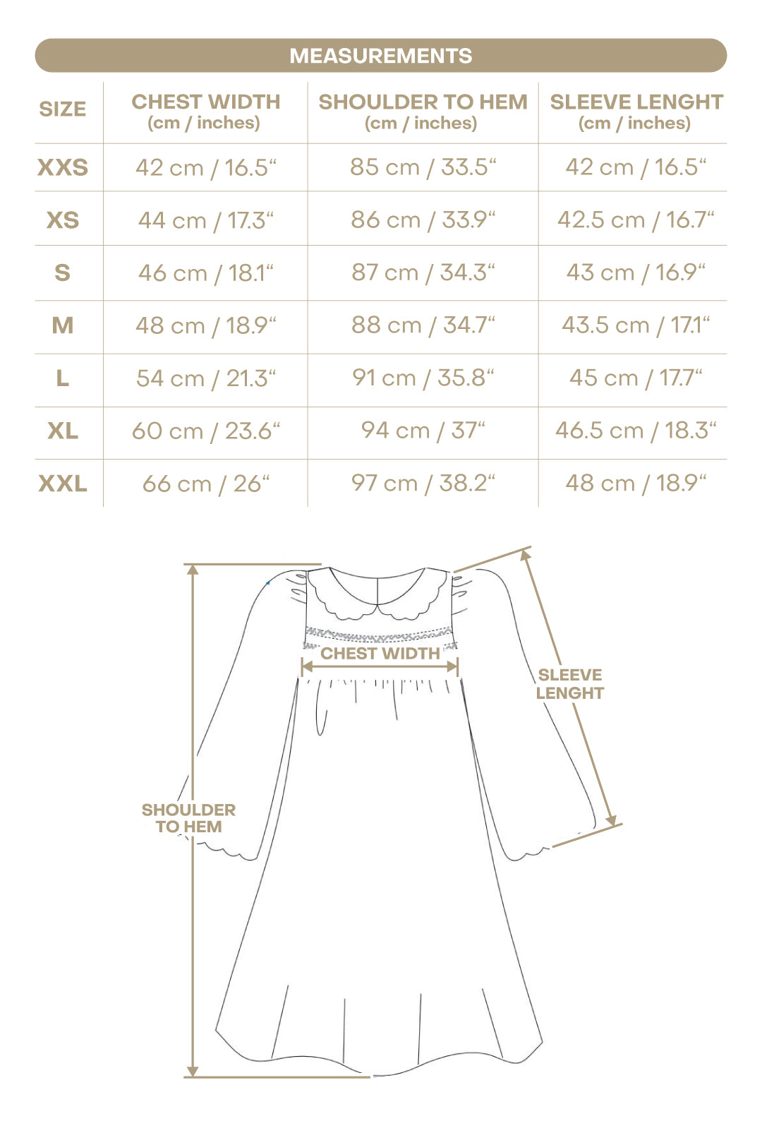 Size chart for Mabel Women’s Dress - Green Corduroy