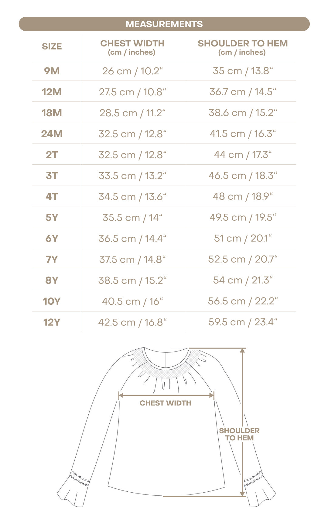 Size chart for Florence Girl Pant Set