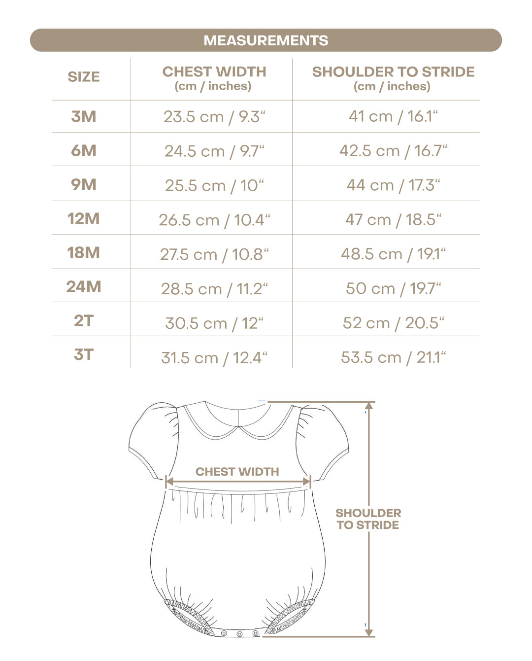 Size chart for Riley Girl Bubble