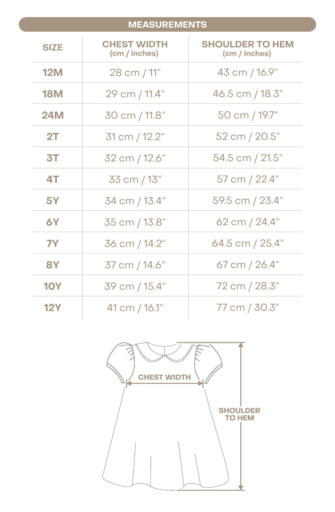 Size chart for Riley Girl Dress