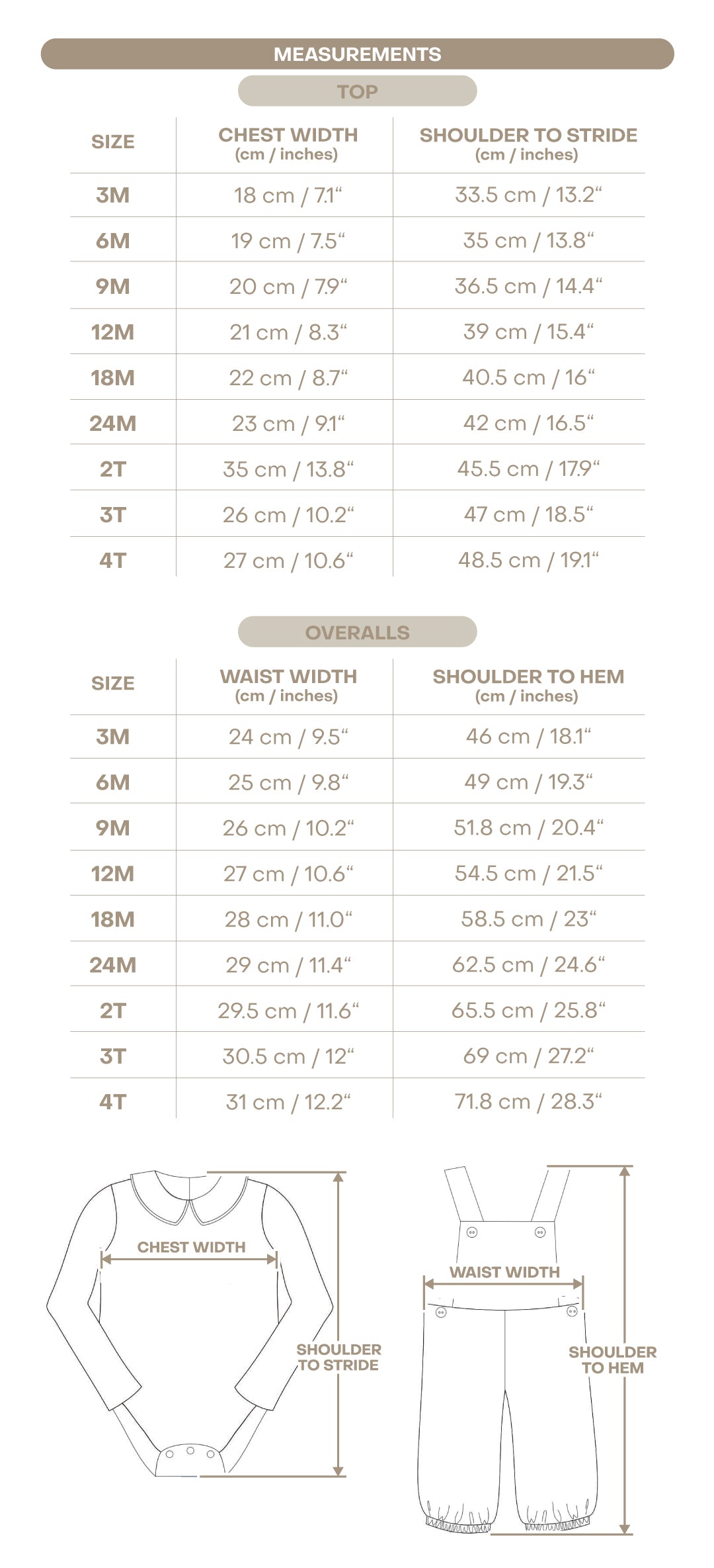 Size chart for Hannah Girl Overall - Winter Garden