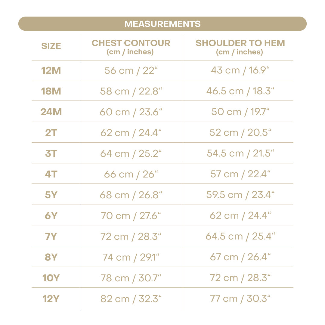 Size chart for Sarita Girl Dress - Dallas Print