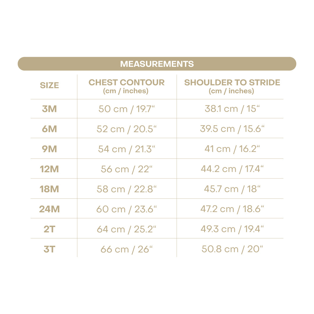 Size chart for Jessie Girl Bubble