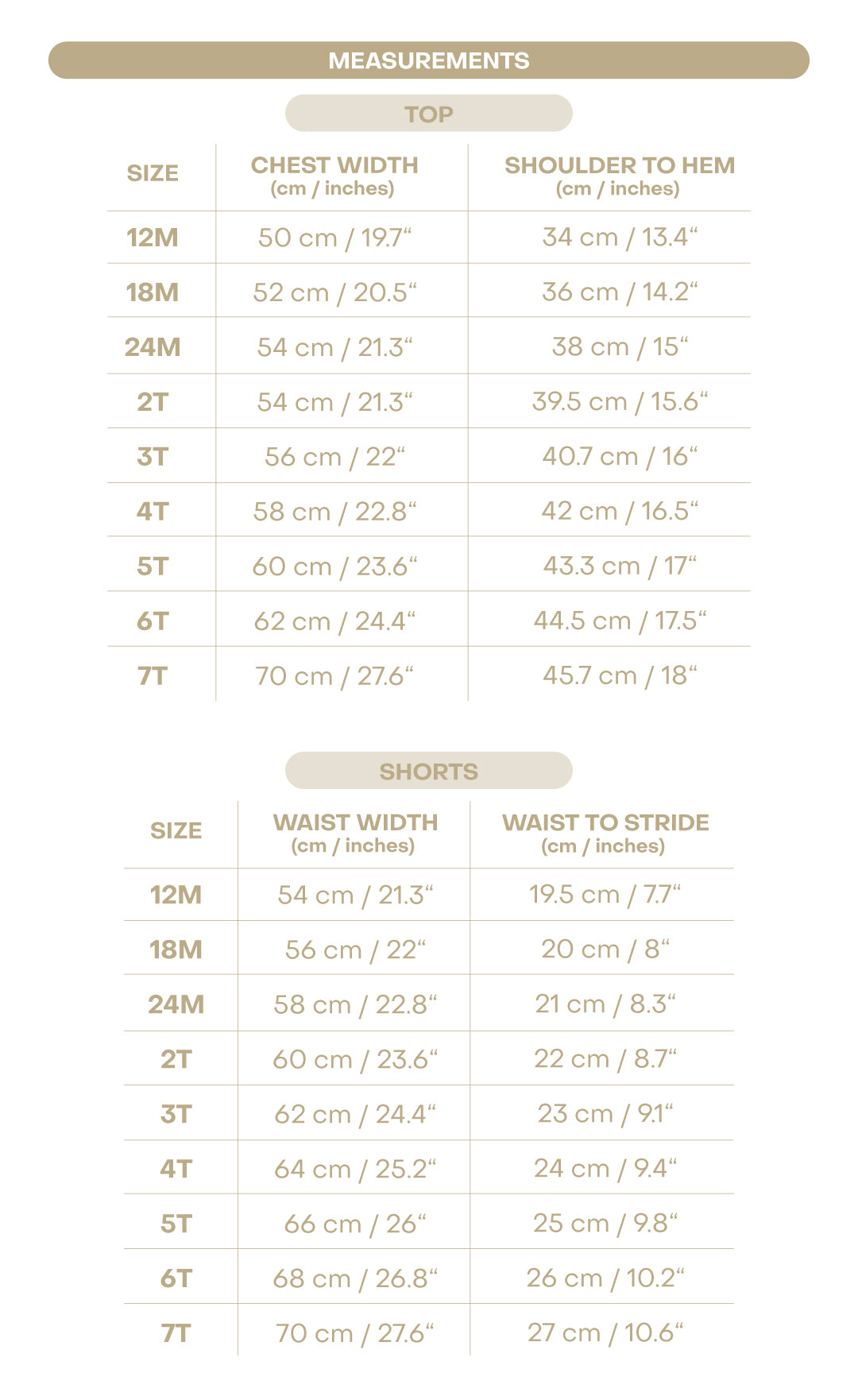 Size chart for Bonnie Girl Set