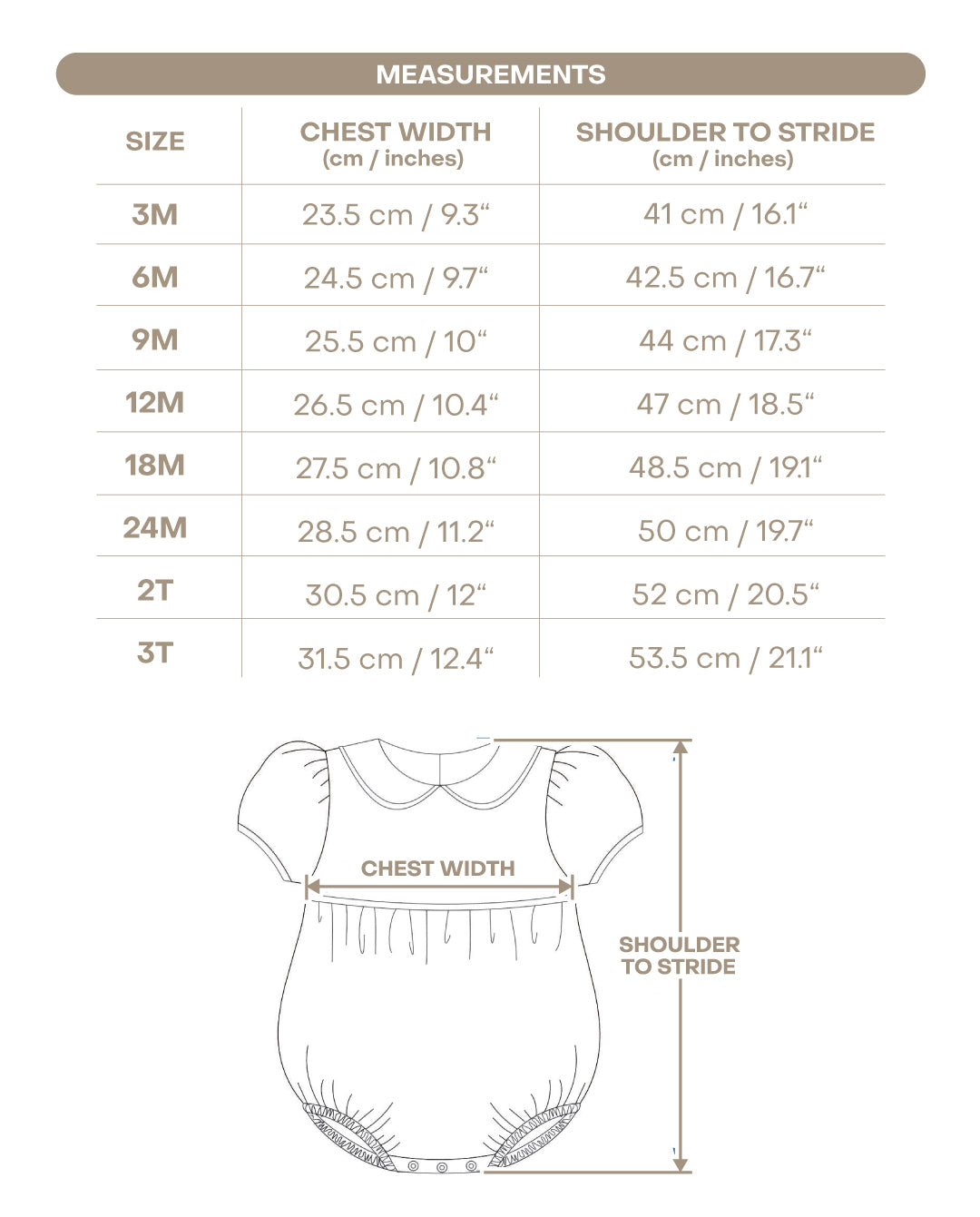 Size chart for Eve Girl Bubble