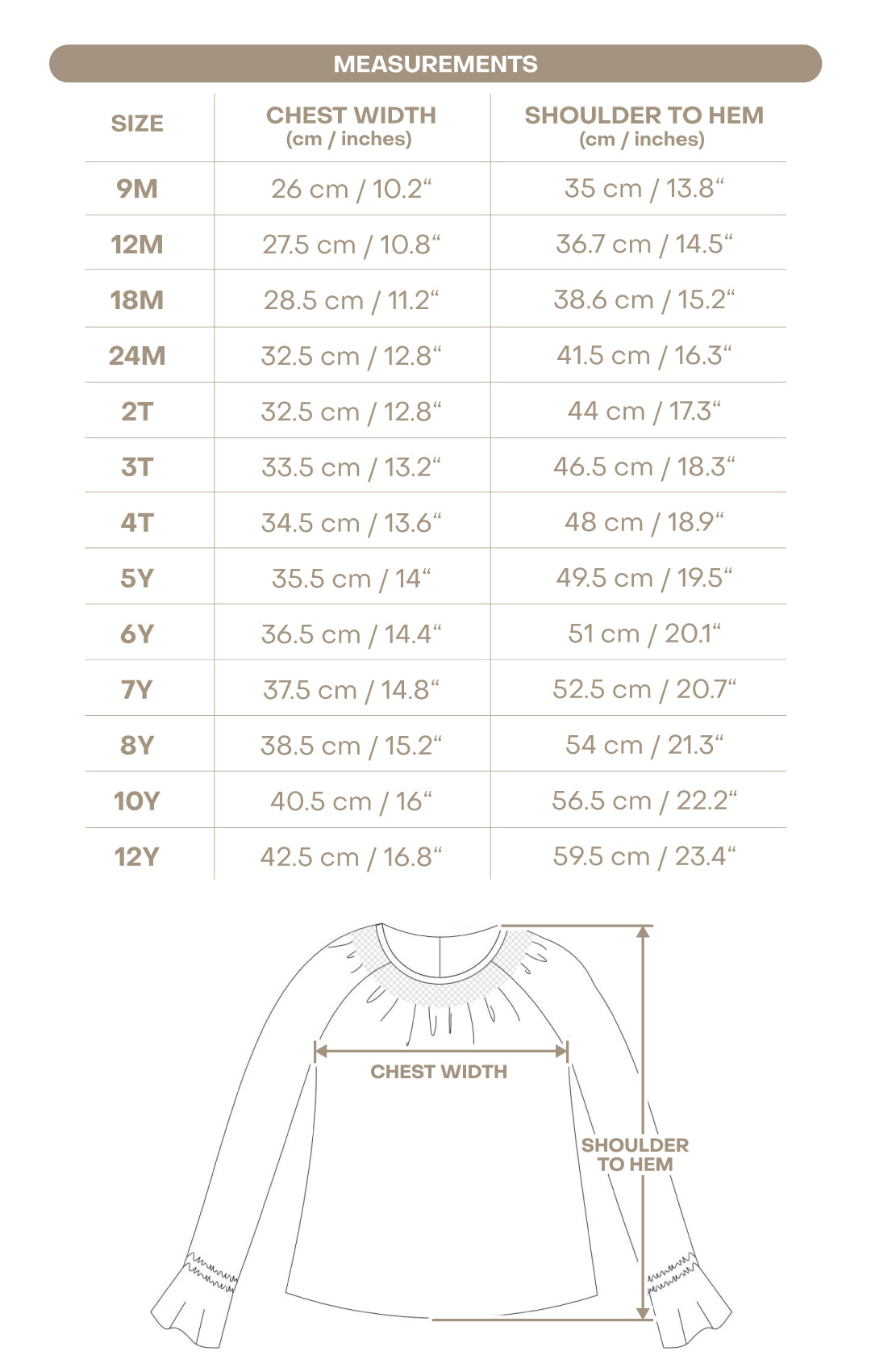 Size chart for Aspen Girl Shirt - Holly Berry