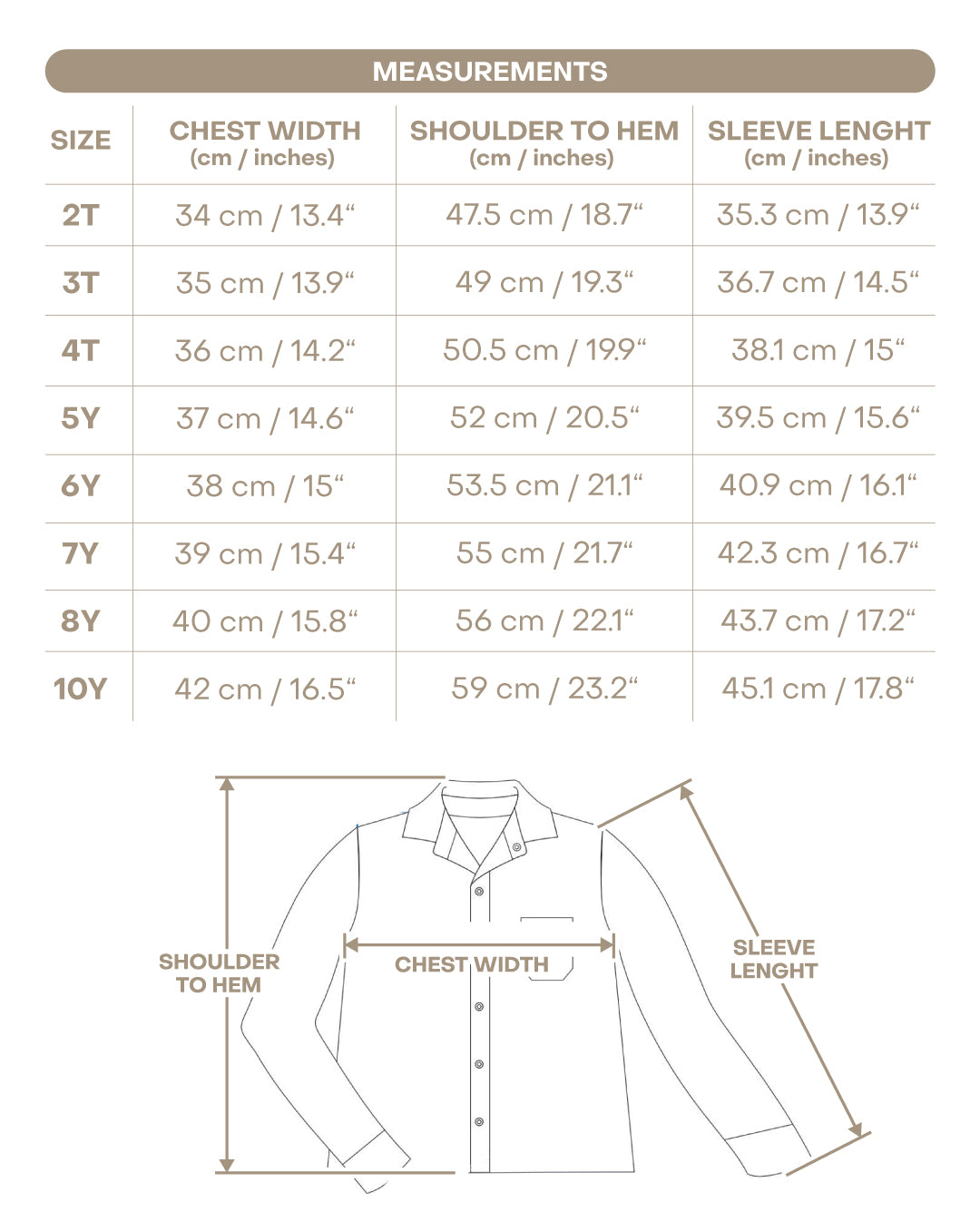 Size chart for Walker Boy Button Down -  Snowy Slopes