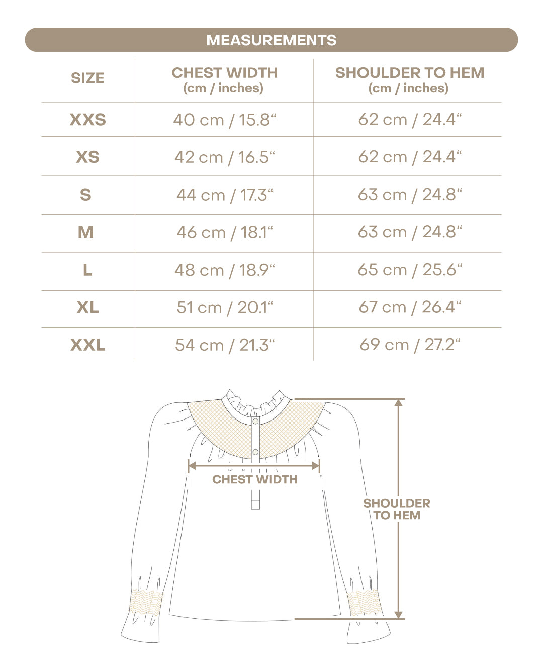 Size chart for Women’s Louise Shirt - Snowy Slopes