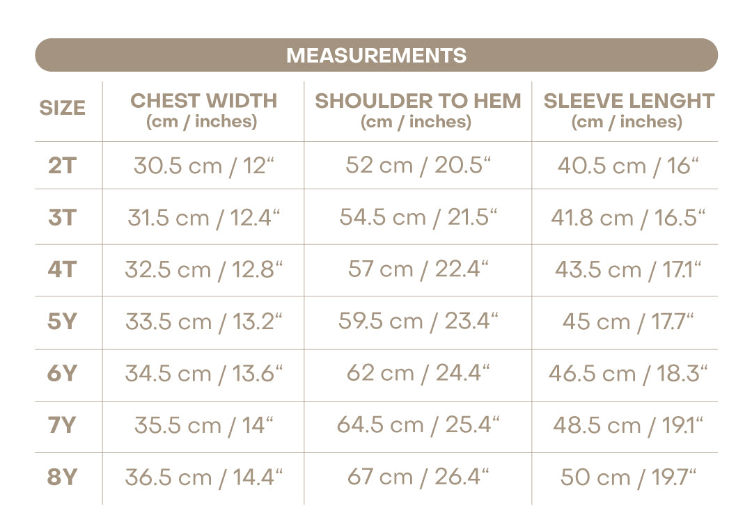 Size chart for Leah Girl Dress