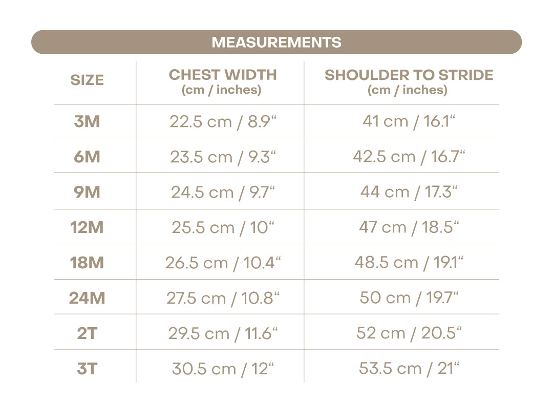 Size chart for Liam Boy Bubble