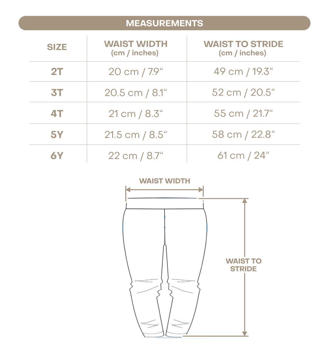 Size chart for Blue Girl Leggings