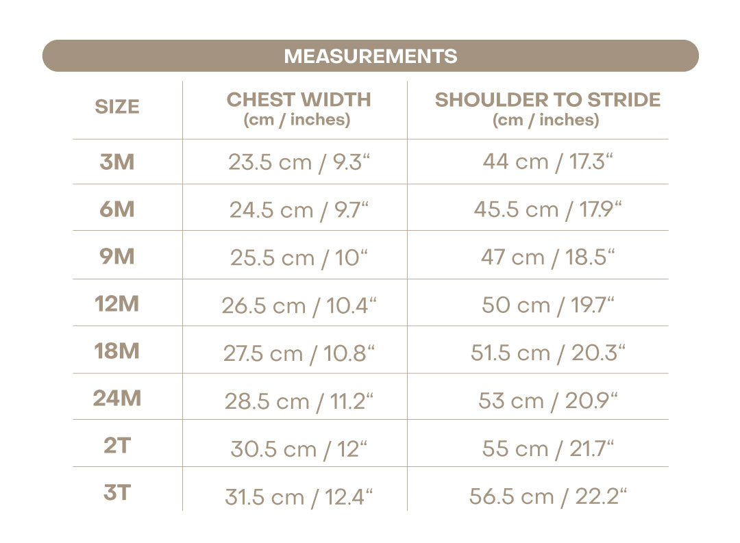 Size chart for Emerson Romper