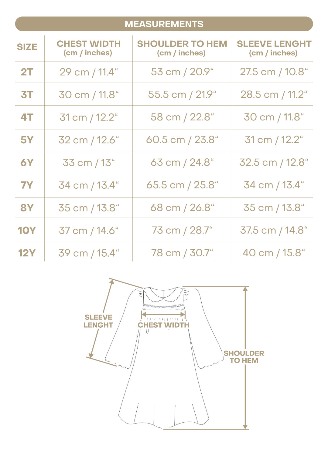 Size chart for Mabel Girl Dress - Mum Gingham