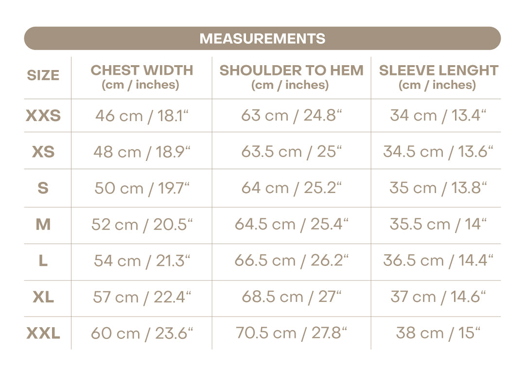 Size chart for Miriam Women’s Shirt