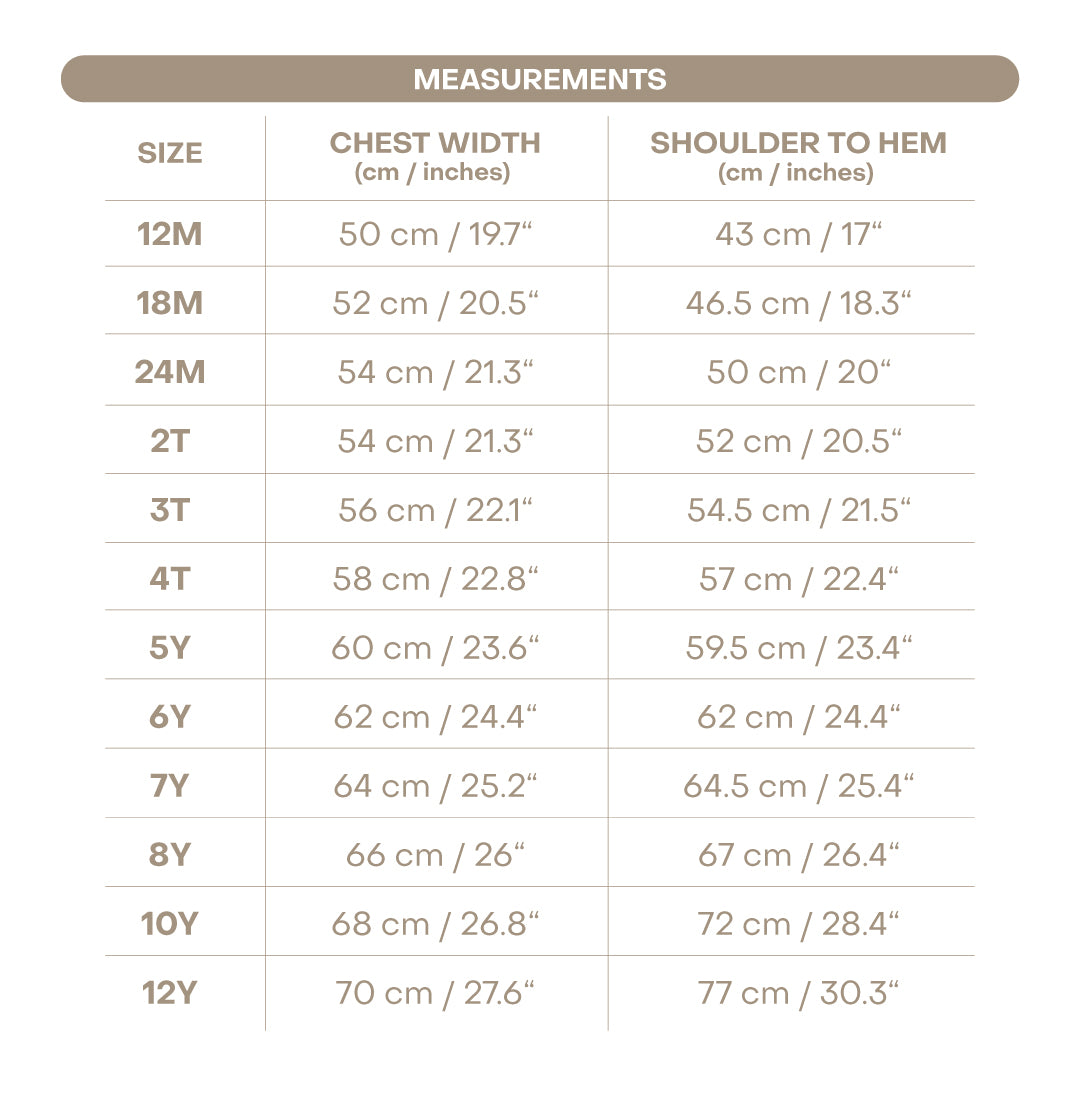 Size chart for Jessie Girl Dress - Holly