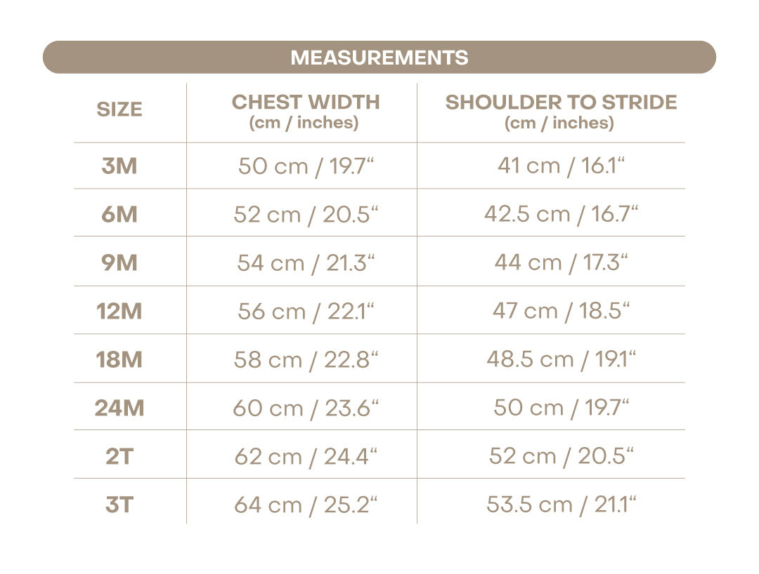 Size chart for Taylor Girl Bubble