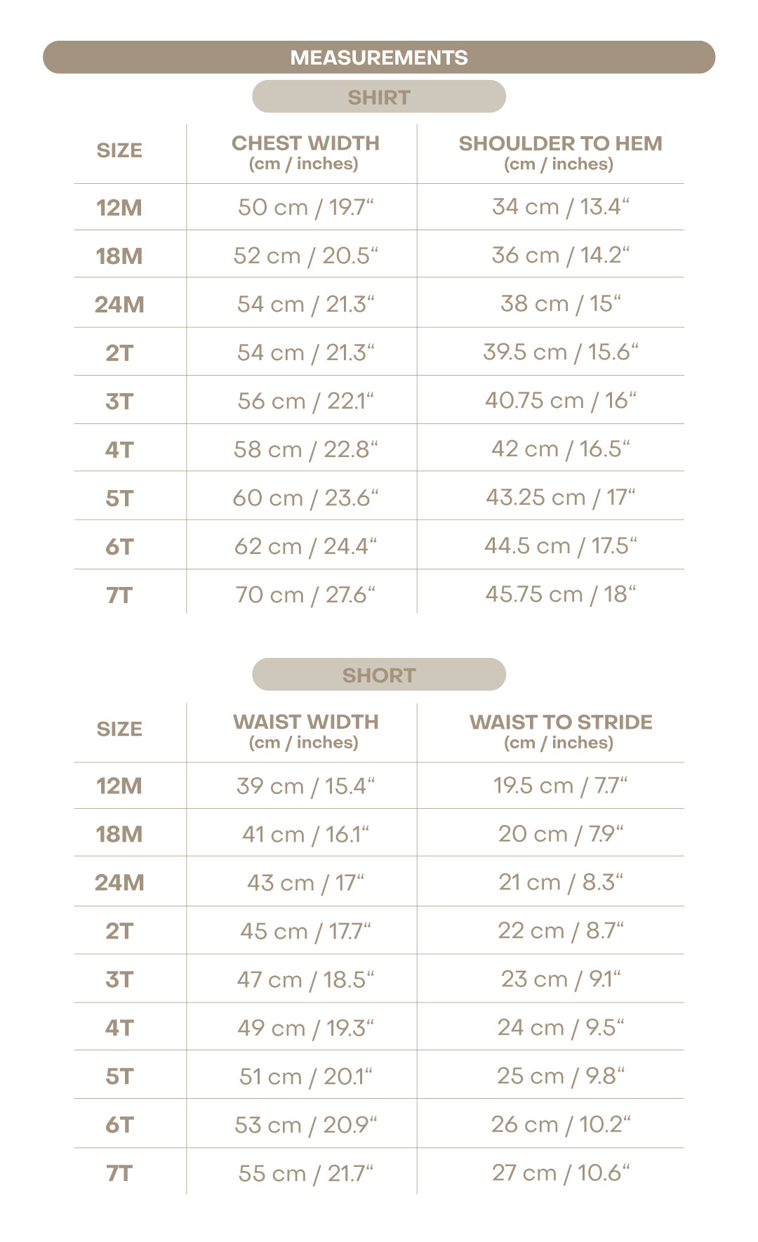 Size chart for Taylor Girl Set