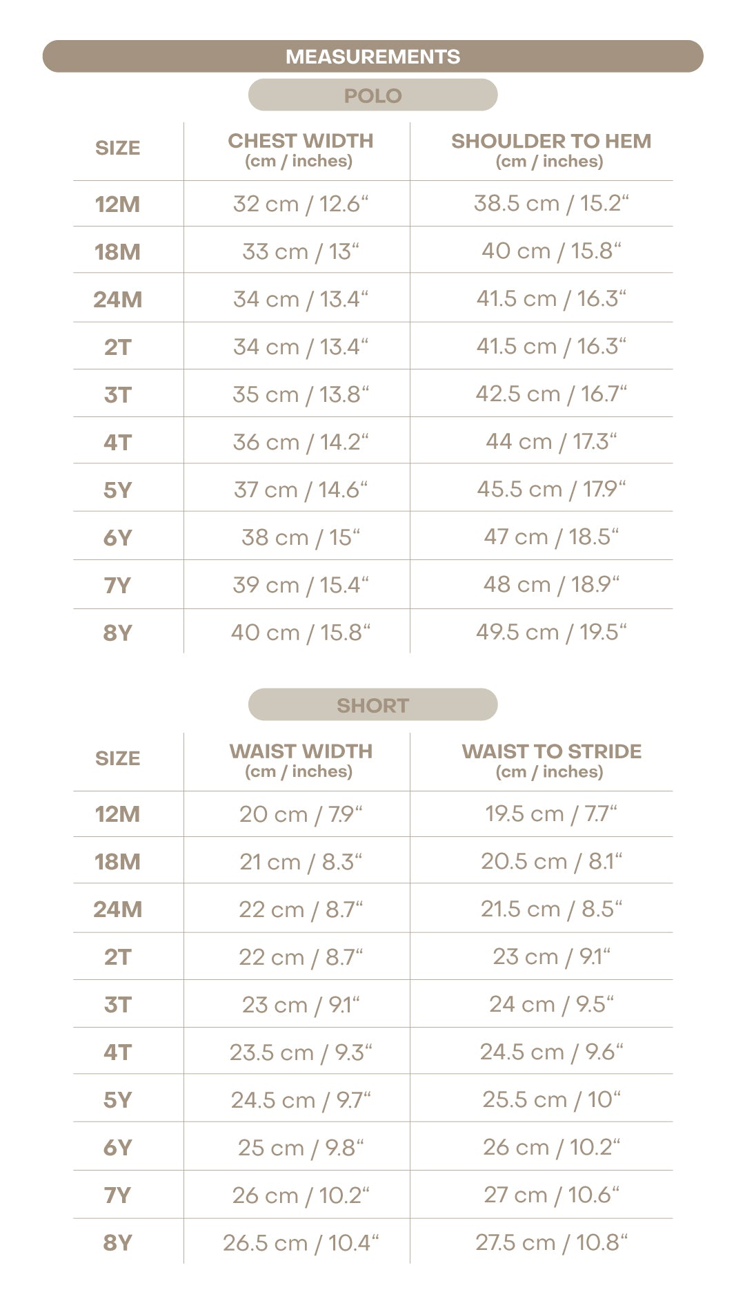 Size chart for Travis Boy Polo Set