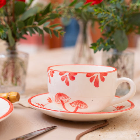 Mushroom Teacup and Saucer - Red
