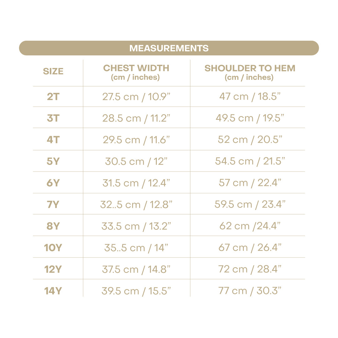 Size chart for Serena Girl Dress - Racket Print