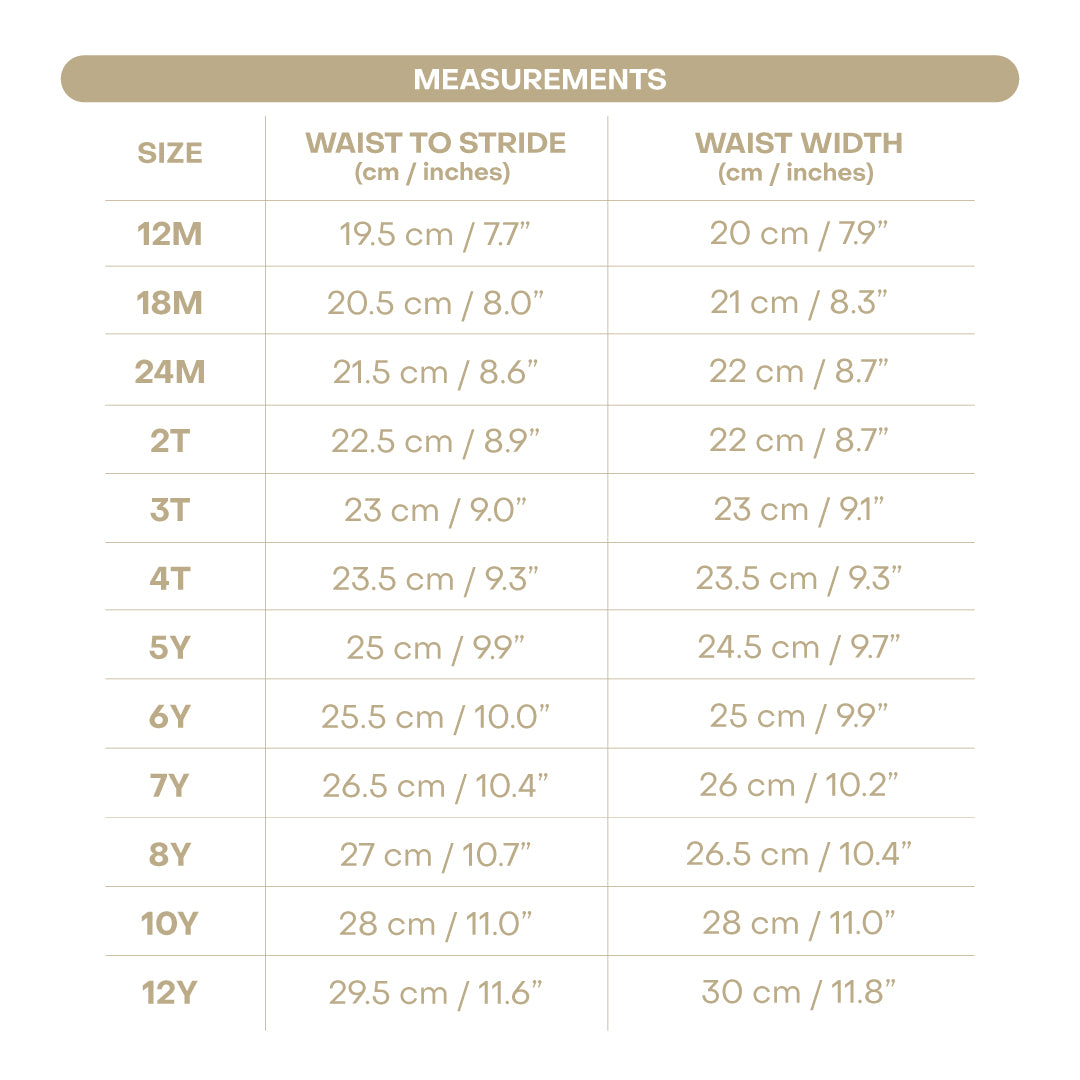 Size chart for Roger Boy Shorts - Racket Print