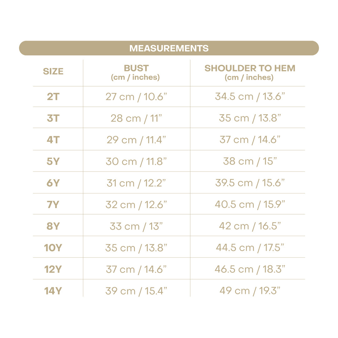 Size chart for Serena Girl Top - Bloom Print