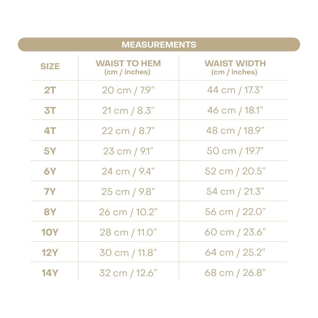 Size chart for Serena Girl Skort - Pink