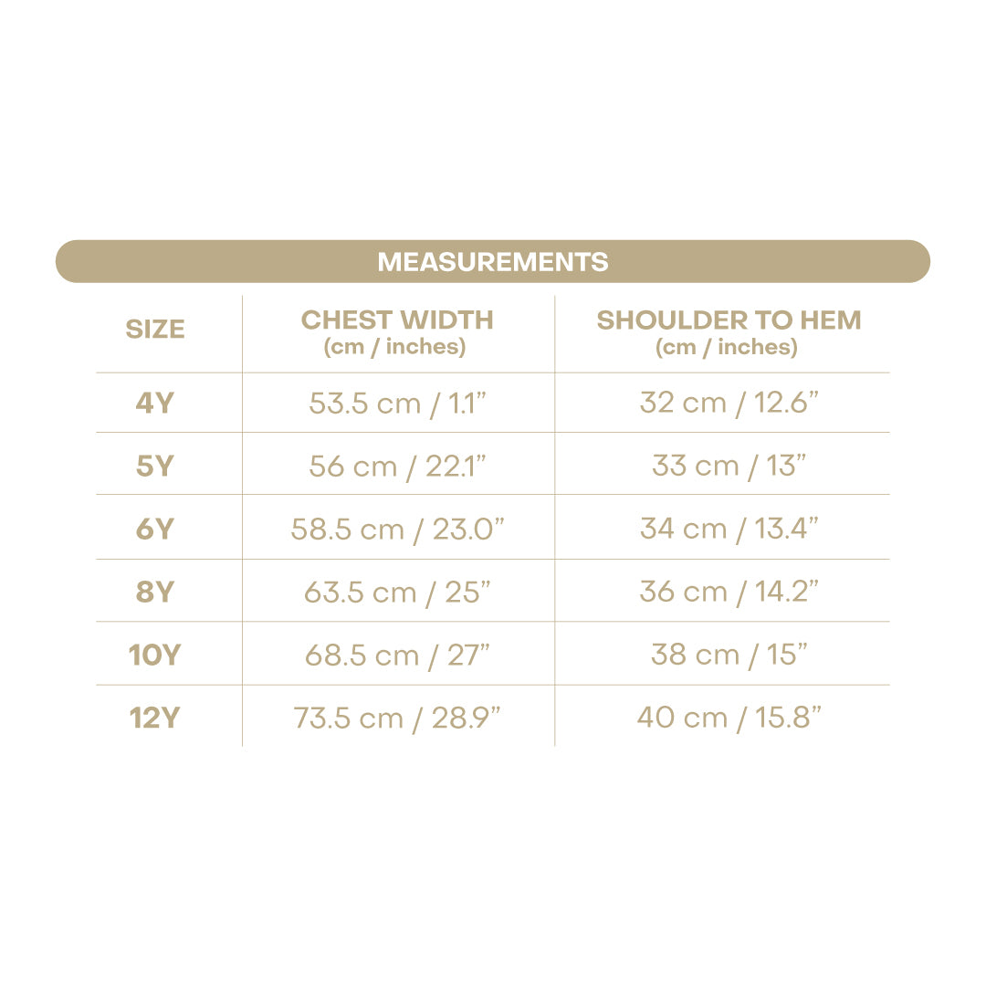 Size chart for Sofia Girl Swing Dress - Racket Print