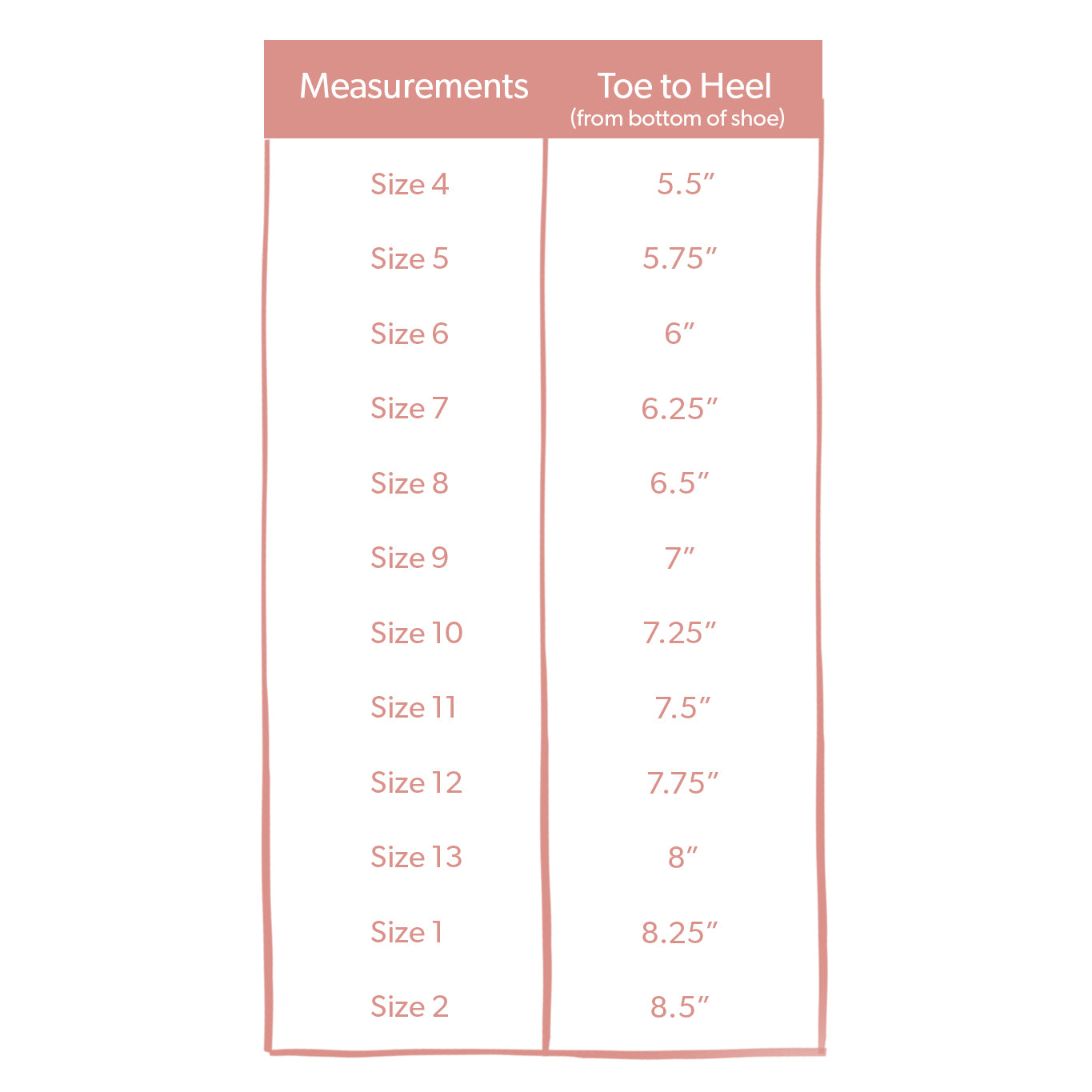 Size chart for London Shoes - Pink
