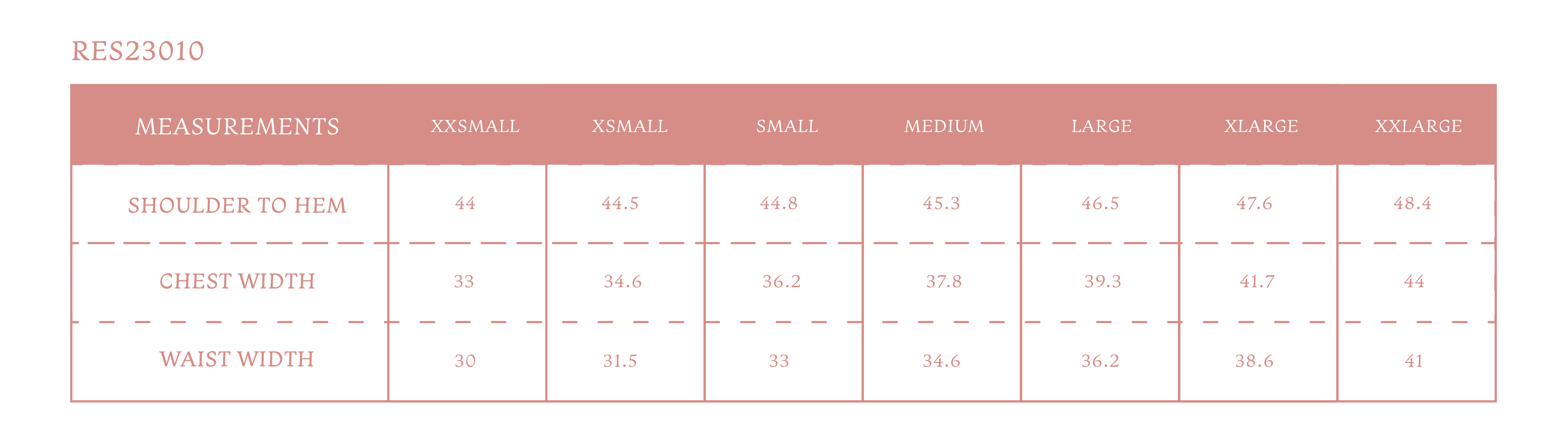 Size chart for Women's Pearl Dress