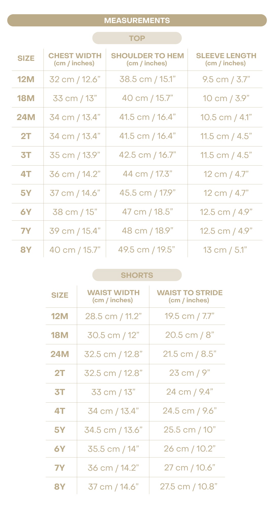 Size chart for Chester Boy Set