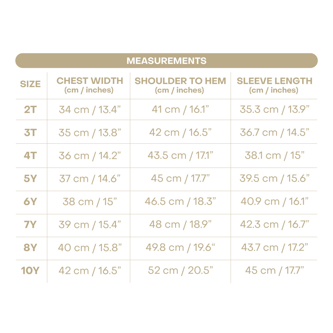 Size chart for Chester Boy Button Down