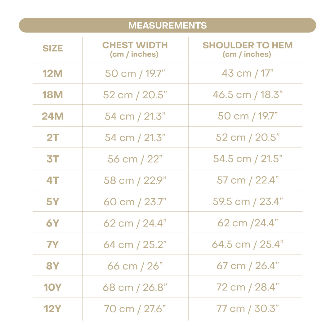 Size chart for Hydrangea Girl Dress