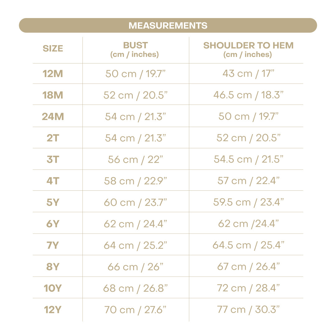Size chart for Anchor Girl Dress