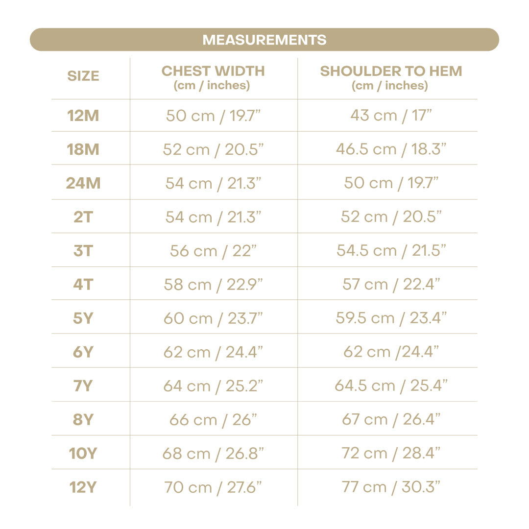 Size chart for Rosa Gialla Girl Dress