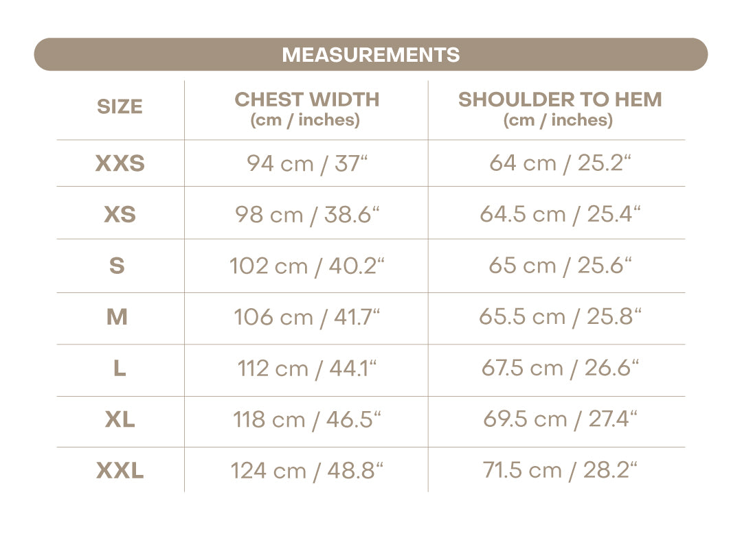 Size chart for Women’s Blossom Shirt