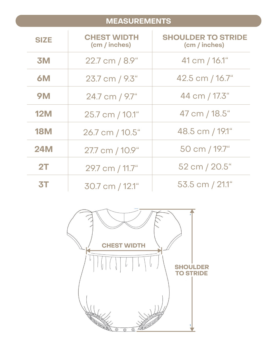 Size chart for Juliet Girl Bubble