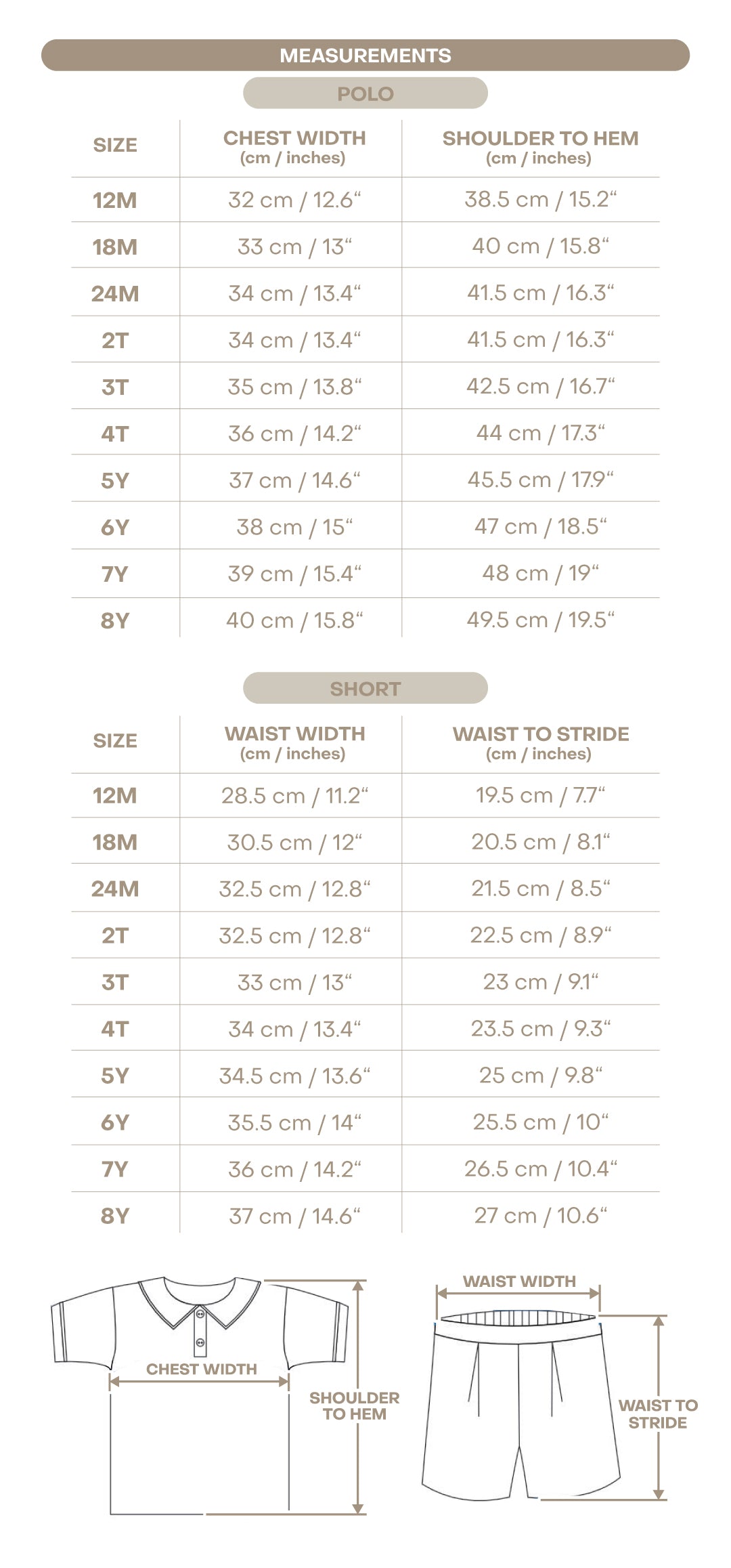 Size chart for Romeo Boy Polo Set