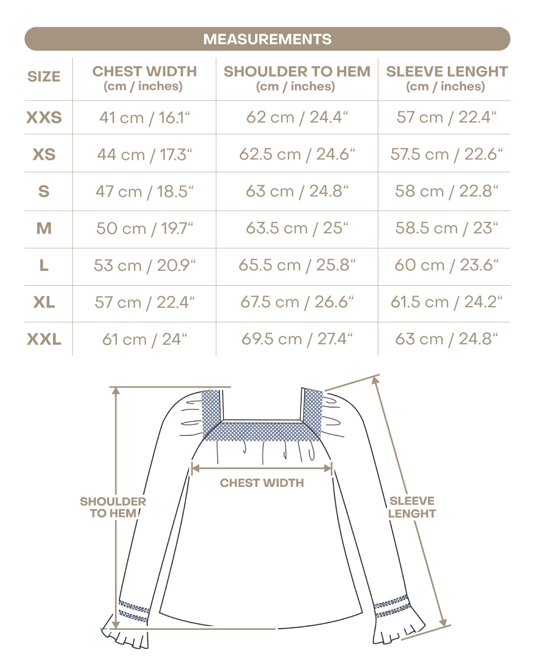 Size chart for Carmen Women’s Shirt