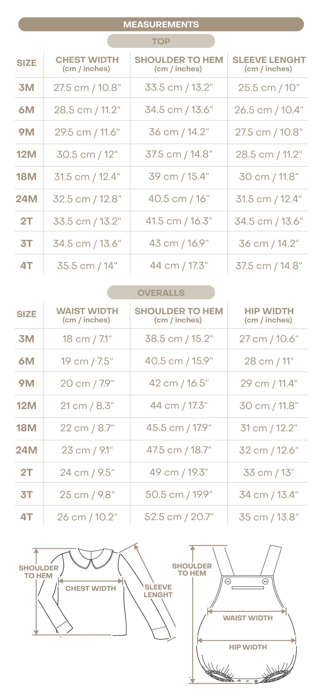 Size chart for Bayden Boy Bubble Overall Set