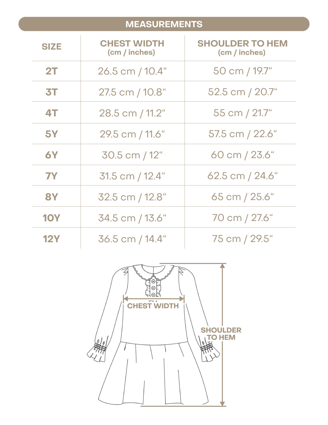 Size chart for Palmer Girl Dress